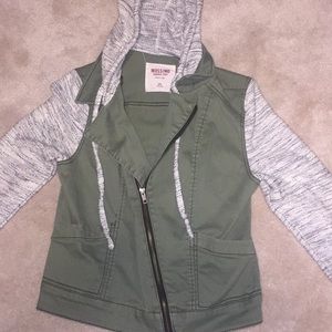 Olive green hooded jacket.